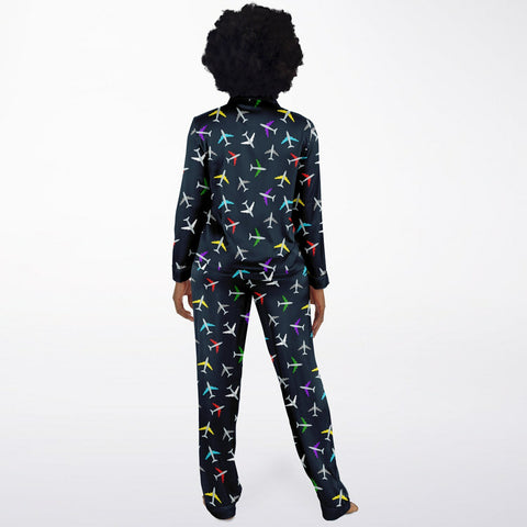 Airplane Print Women's Satin Pajamas - Luxurious Aviation-Themed Sleepwear