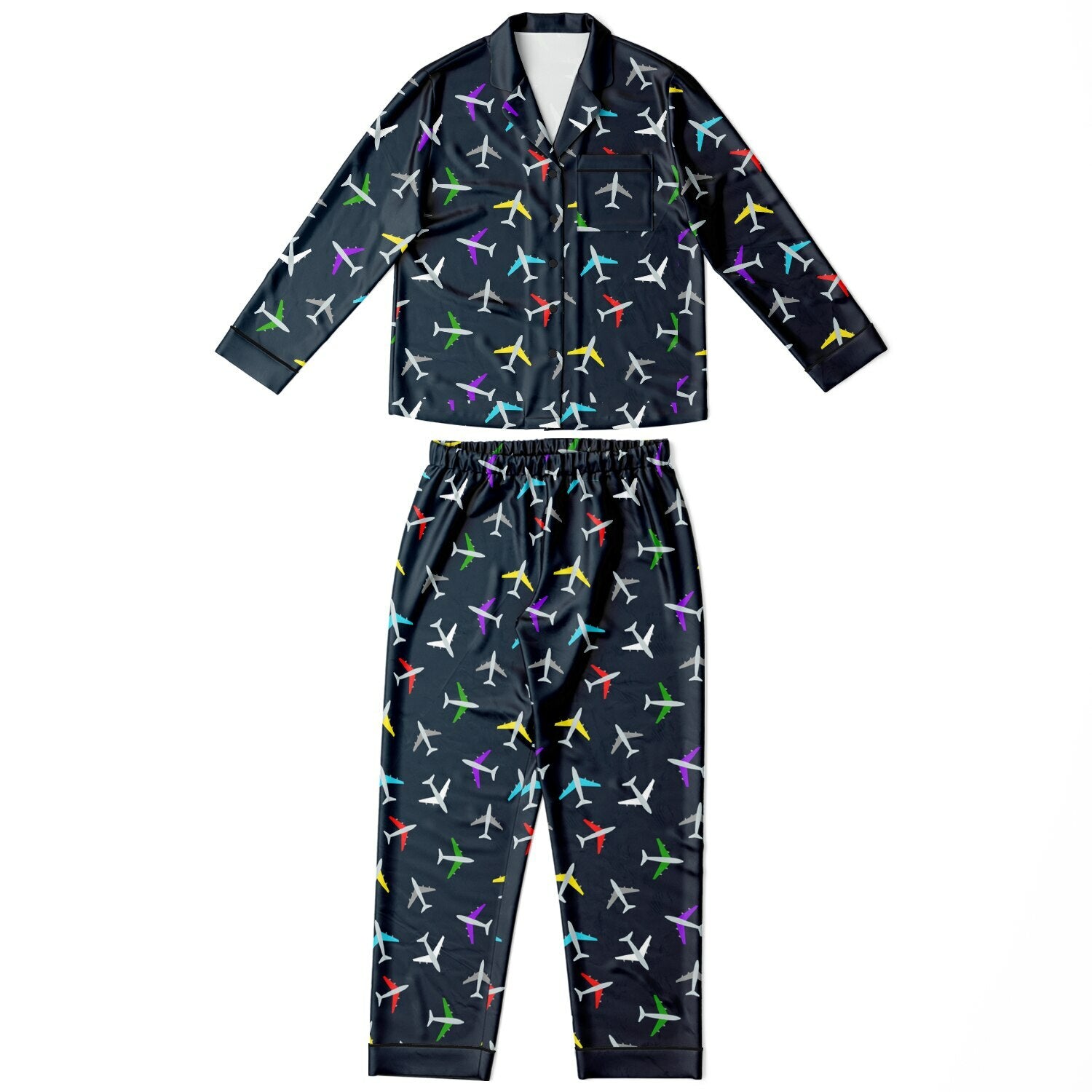 Airplane Print Women's Satin Pajamas - Luxurious Aviation-Themed Sleepwear