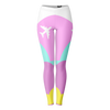 Front view of colorful aviation-themed leggings featuring white airplanes and vibrant pink, teal, and yellow patterns.