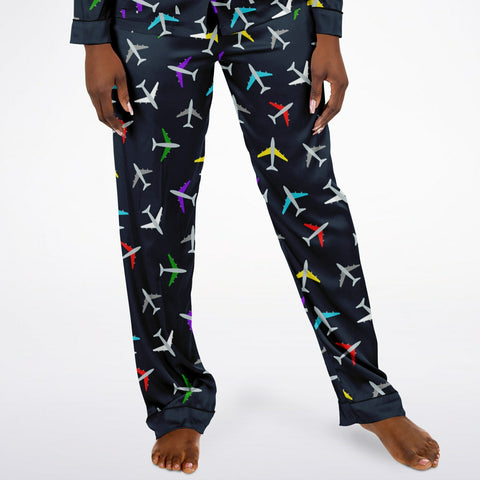 Airplane Print Women's Satin Pajamas - Luxurious Aviation-Themed Sleepwear