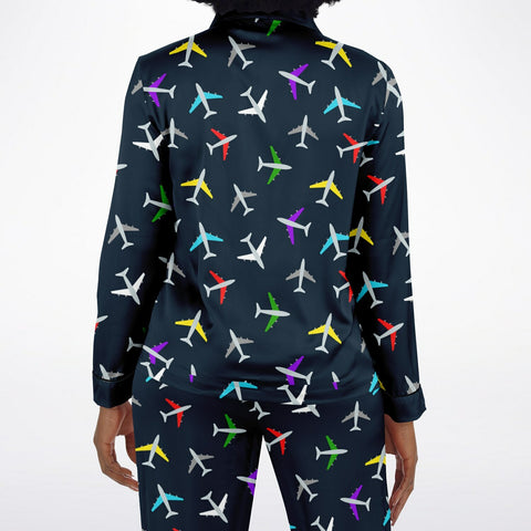 Airplane Print Women's Satin Pajamas - Luxurious Aviation-Themed Sleepwear