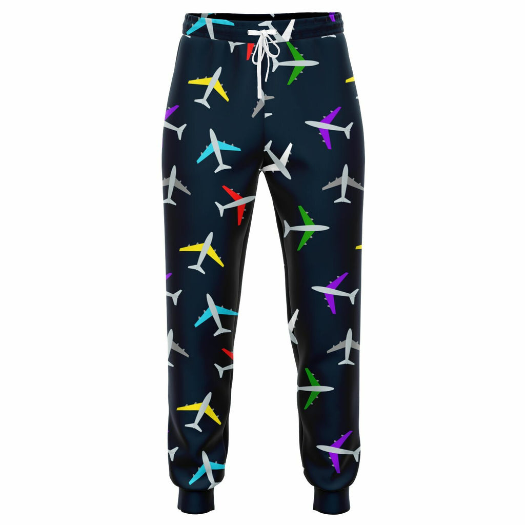 Close-up front view of airplane-patterned joggers with a colorful aviation theme, highlighting the detailed design and high-definition print