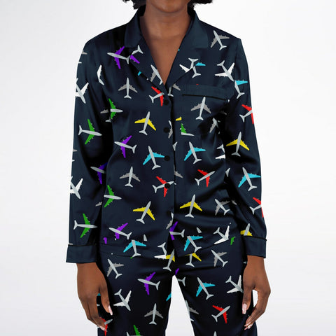 Airplane Print Women's Satin Pajamas - Luxurious Aviation-Themed Sleepwear