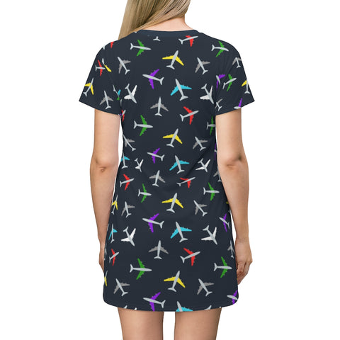 Colorful Airplane Pattern T-Shirt Dress