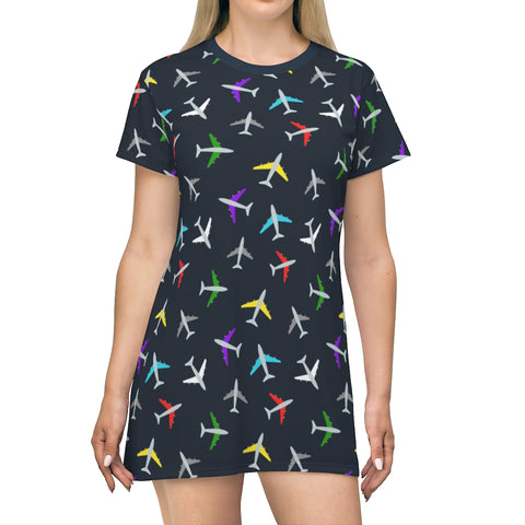 Colorful Airplane Pattern T-Shirt Dress