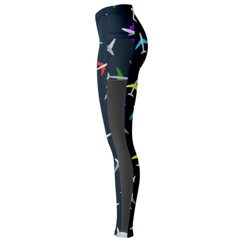 Colorful Airplane Pattern Mesh Pocket Legging