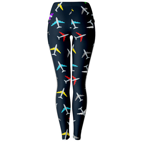 Colorful Airplane Pattern Mesh Pocket Legging