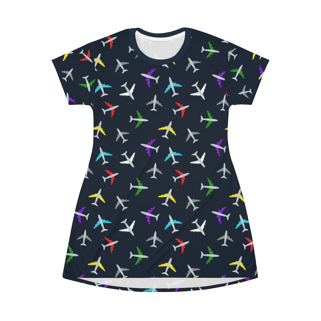 Colorful Airplane Pattern T-Shirt Dress