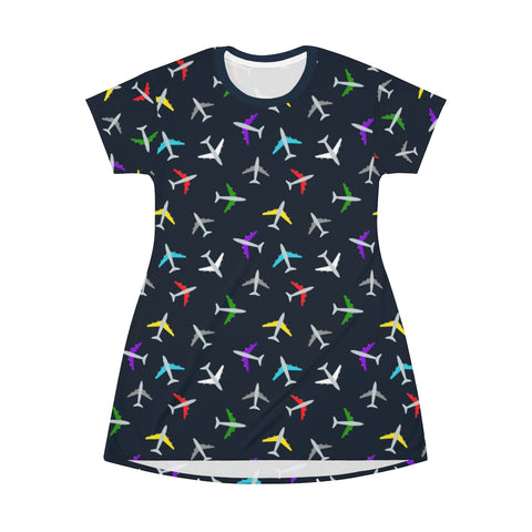 Colorful Airplane Pattern T-Shirt Dress