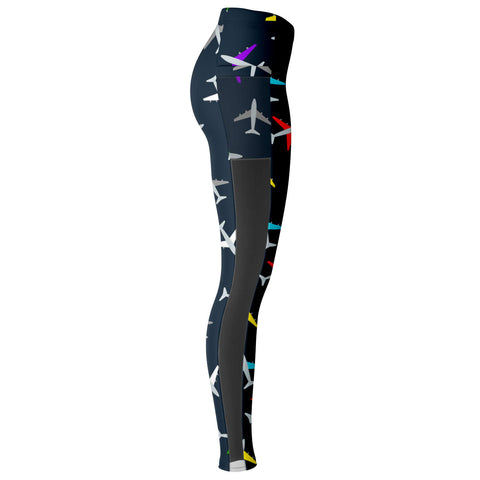 Colorful Airplane Pattern Mesh Pocket Legging