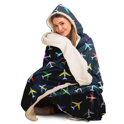 Colorful Airplane Pattern Comfy Hooded Blanket